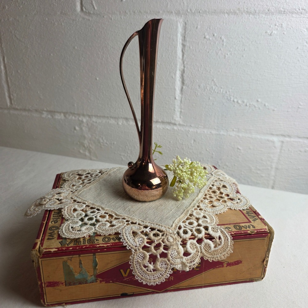Vintage Copper Color Bud Vase Mid Century Modern Sleek Handle Heavy